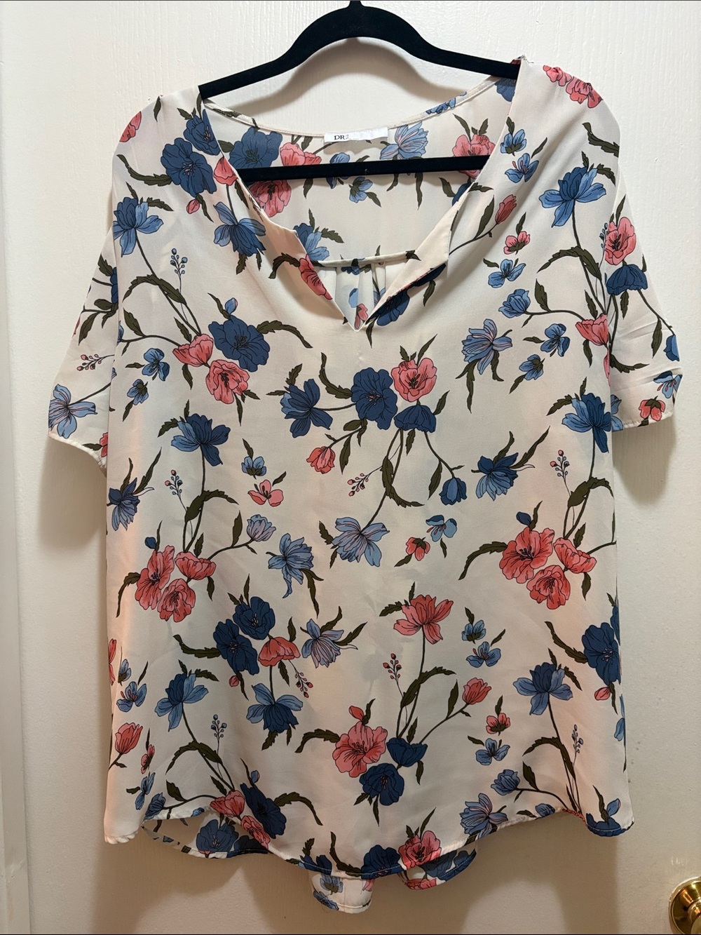 DR2 Cream Floral V-Neck Blouse with Blue & Pink Flowers